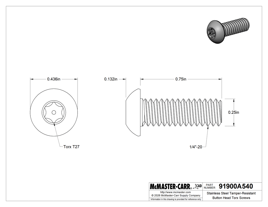 Technical Drawing of Stainless Steel Tamper-Resistant Button Head Torx Screws, 1/4"-20 Thread Size, 3/4" Long.